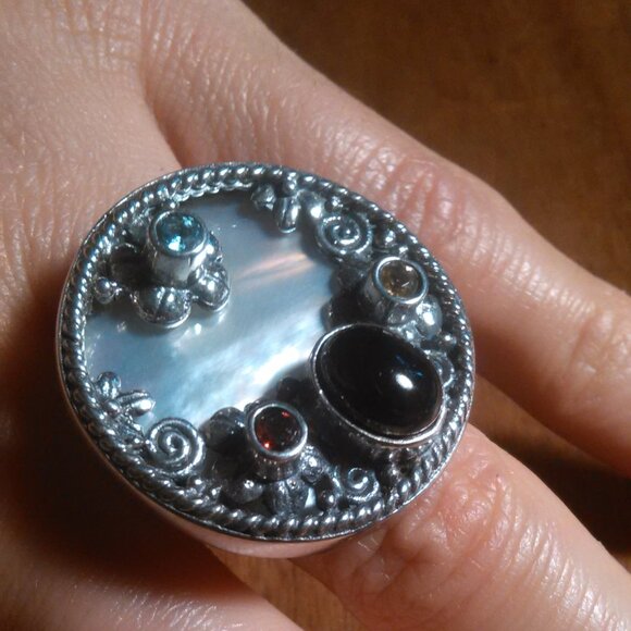 Shungite Multi Gemstone Mother of Pearl Sterling Silver Cocktail Ring (Size 7) - Picture 8 of 16